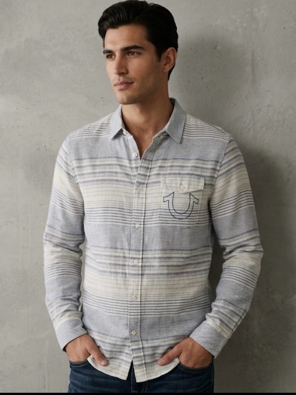 True Religion Blue and White Striped Button-Down Shirt 1051